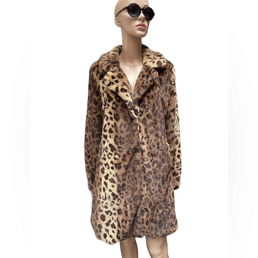 Cavalini Faux Fur Leopard Print Midi Coat Size Large
